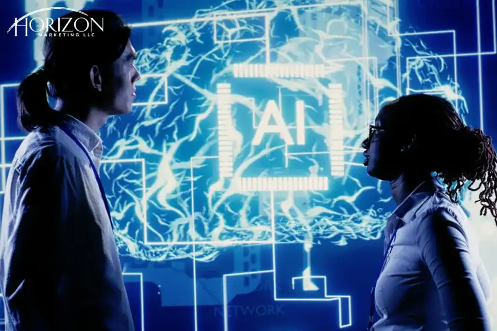 Two researchers in lab coats face a glowing blue AI interface with neural patterns and the central 'AI' text, Horizon Marketing LLC logo visible in the corner.