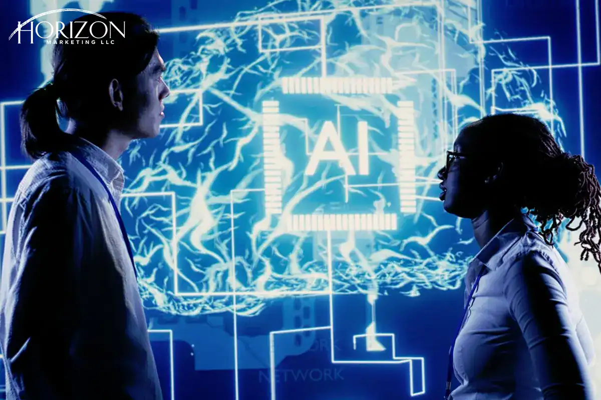 Two researchers in lab coats face a glowing blue AI interface with neural patterns and the central 'AI' text, Horizon Marketing LLC logo visible in the corner.