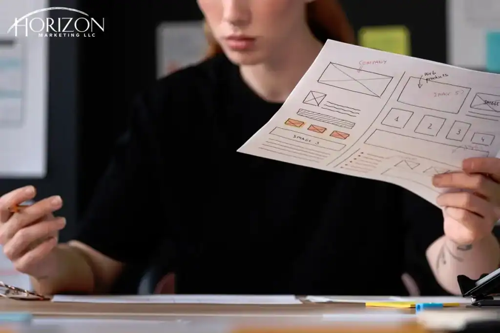 Designer holding a printed website wireframe sketch with grid blocks, Horizon Marketing LLC logo visible in the top-left corner.